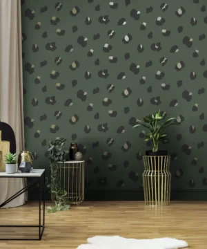 Leopard Spot Smooth Wallpaper Animal Shades of Charcoal Gold Green Metallic D4