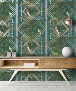 Congo Smooth Wallpaper Birds Shades of Teal Green Gold Red White Yellow Metallic F8