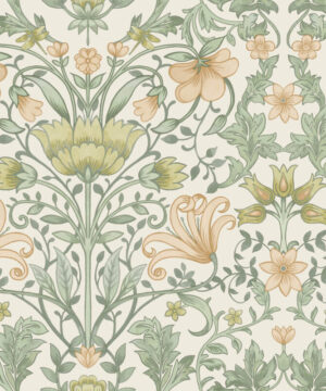 Vintage  Smooth Wallpaper Floral Shades of Peach Green Beige Olive Orange D5