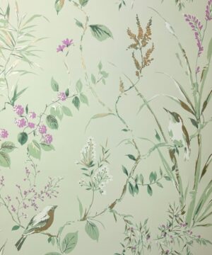 Crown Mariko Floral Treebird Mint/Plum Metallic Wallpaper