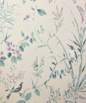 Crown Mariko Floral Treebird Teal/Plum Metallic Wallpaper