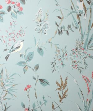 Crown Mariko Floral Treebird Blue Metallic Wallpaper