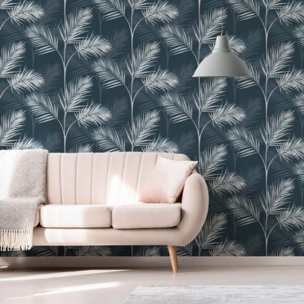 Fine Decor South Beach Palm Leaf Navy/Grey Metallic Wallpaper - Image 2
