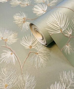 Belgravia Decor Valentino Pine Tree Sage Metallic Wallpaper
