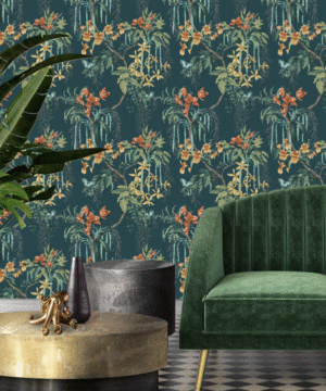 Belgravia Decor Suki Floral Trail Dark Green/Blue Wallpaper | Exotic Botanical Elegance