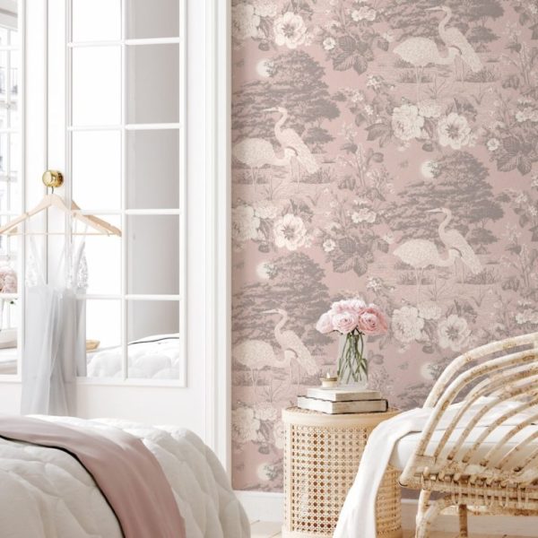 Belgravia Decor Izumi Oriental Cranes Pink Wallpaper | Elegant Japanese Inspired Design - Image 4