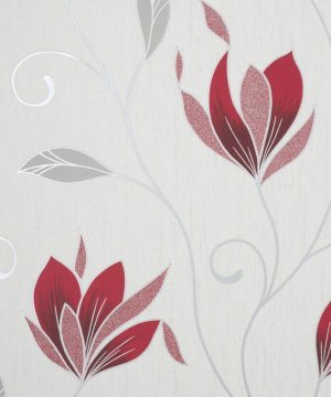 Crown Synergy Floral Red/Silver Glitter Wallpaper