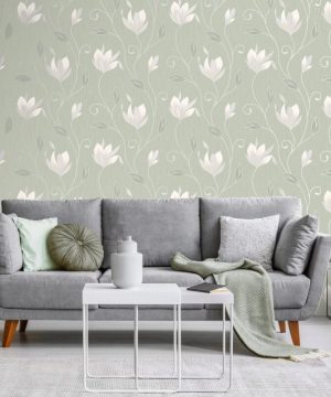 Crown Synergy Floral Green/Cream Glitter Wallpaper