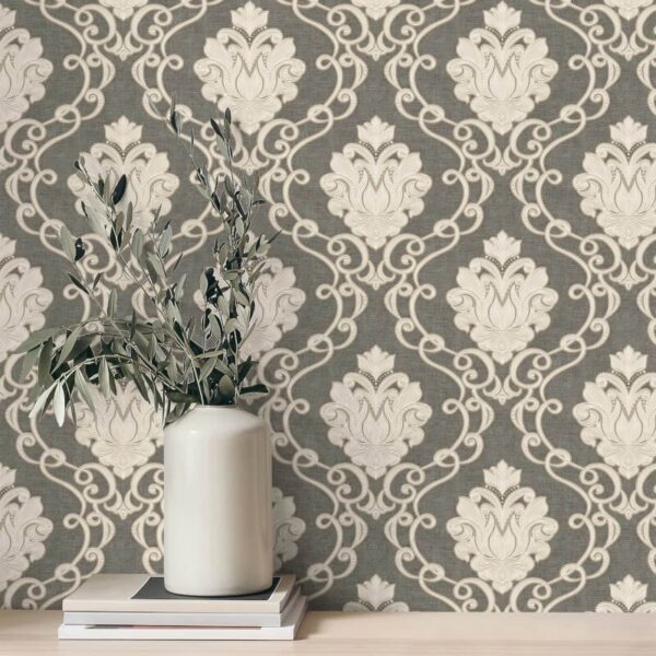 Vymura Florentine Damask Gunmetal Metallic Wallpaper - Image 3