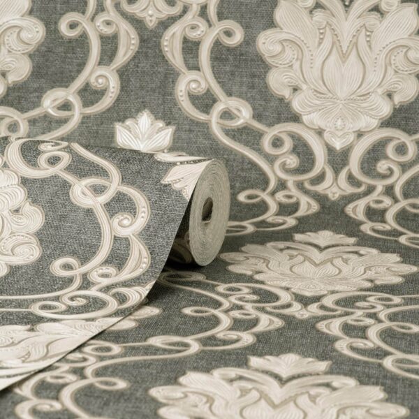 Vymura Florentine Damask Gunmetal Metallic Wallpaper - Image 2