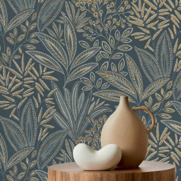 Crown Sahara Leaf Navy Metallic Wallpaper