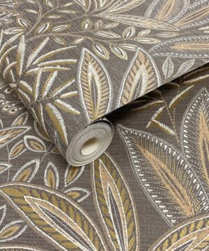Crown Sahara Leaf Deep Mocha Metallic Wallpaper
