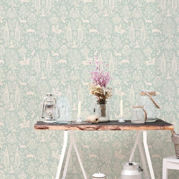 Crown Woodland Floral Duck Egg Wallpaper - Image 2