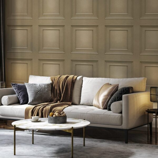 Belgravia Décor Amara Wood Panel Champagne Wallpaper | Luxury Heavyweight Vinyl