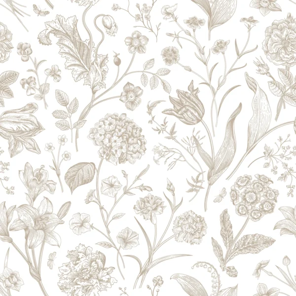 Hoopla Floral Toile Stone Wallpaper | Classic Botanical Design - Image 2