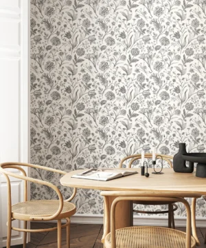 Hoopla Floral Toile Ebony Wallpaper | Classic Monochrome Botanical Design