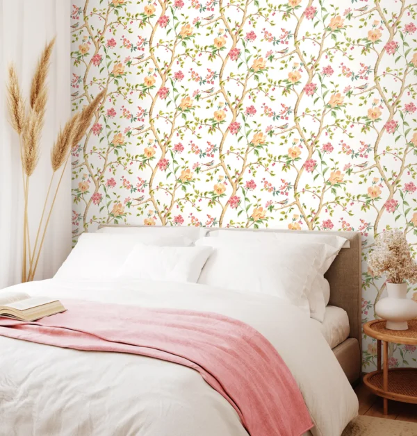 Hoopla Bird Song Coral Mix Wallpaper | Botanical Chinoiserie Design