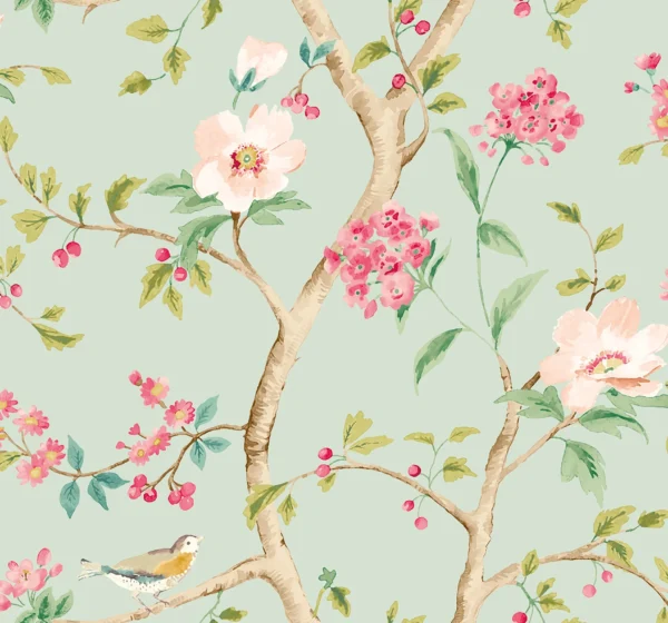Hoopla Bird Song Seafoam & Rose Wallpaper | Botanical Chinoiserie Design - Image 2