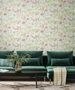 Hoopla Bird Song Seafoam & Rose Wallpaper | Botanical Chinoiserie Design