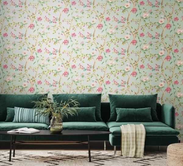 Hoopla Bird Song Seafoam & Rose Wallpaper | Botanical Chinoiserie Design