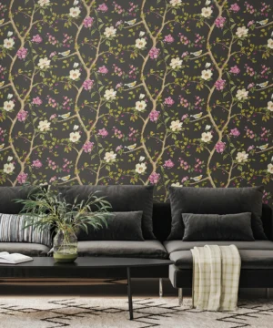 Hoopla Bird Song Plum & Noir Wallpaper | Dramatic Botanical Design