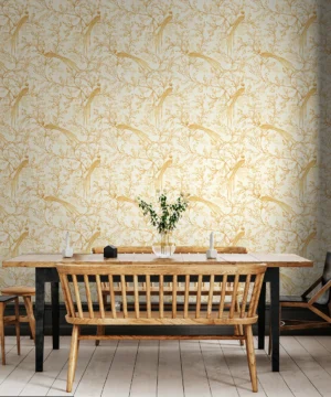 Hoopla Bird Toile Honey Wallpaper | Elegant Neutral Design