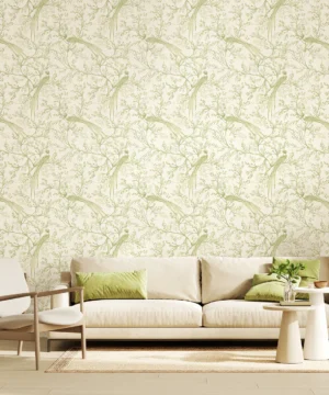 Hoopla Bird Toile Sage Wallpaper | Elegant Green Design