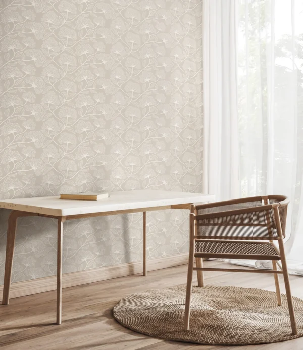 Hoopla Dash Trail Soft Fossil Wallpaper | Modern Neutral Floral Design