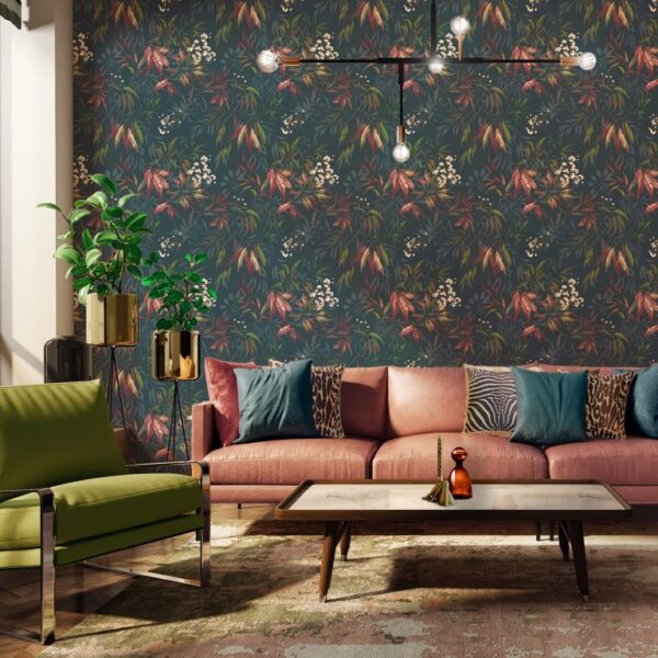 Belgravia Décor Kanata Wallpaper | Russet and Dark Blue Botanical Design - Image 3
