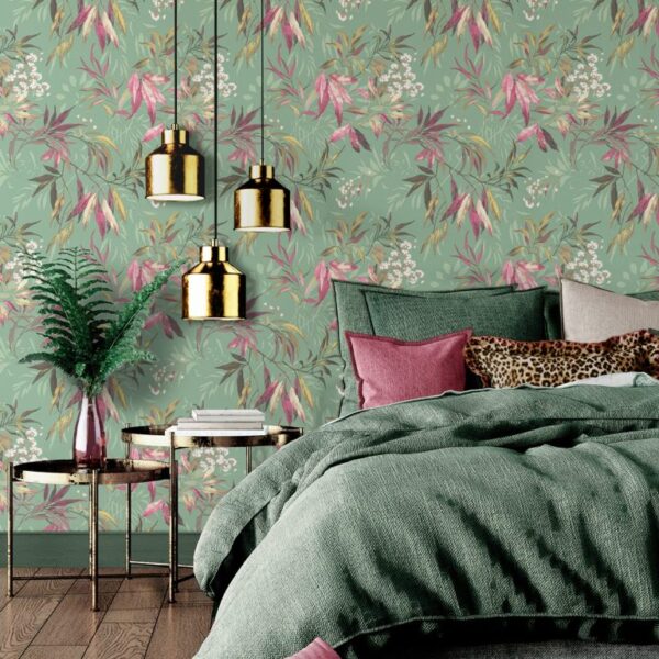 Belgravia Decor Kanata Sage Pink Wallpaper | Fresh Botanical Design with Elegant Leaf Detailing