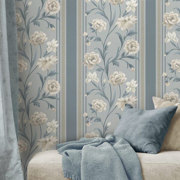 Belgravia Decor Raya Blue Cream Wallpaper | Bridgerton Inspired Hand Painted Floral Design