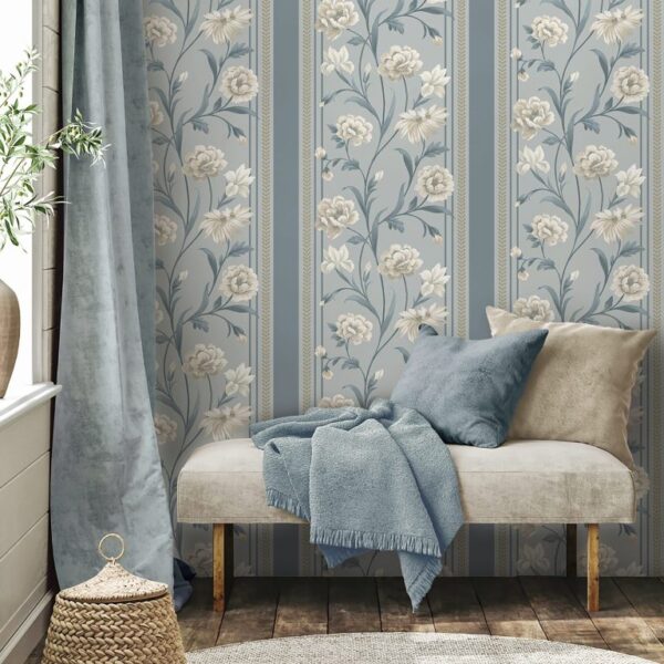 Belgravia Decor Raya Blue Cream Wallpaper | Bridgerton Inspired Hand Painted Floral Design - Image 2